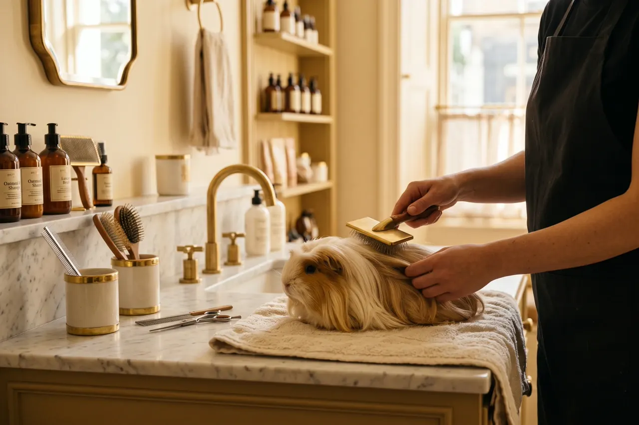 Professionnel Pawlity brossant un animal dans son salon