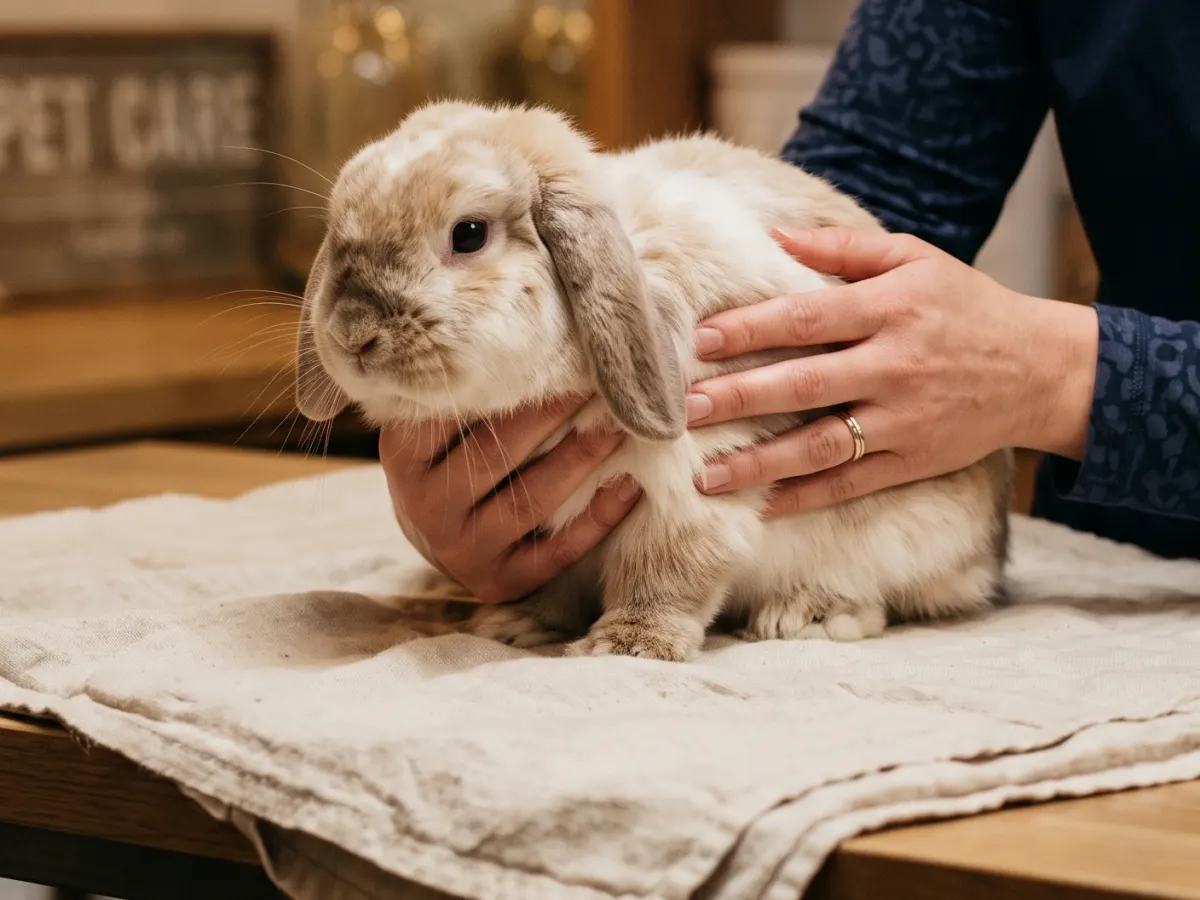 Un lapin bélier tenu avec soin par un professionnel