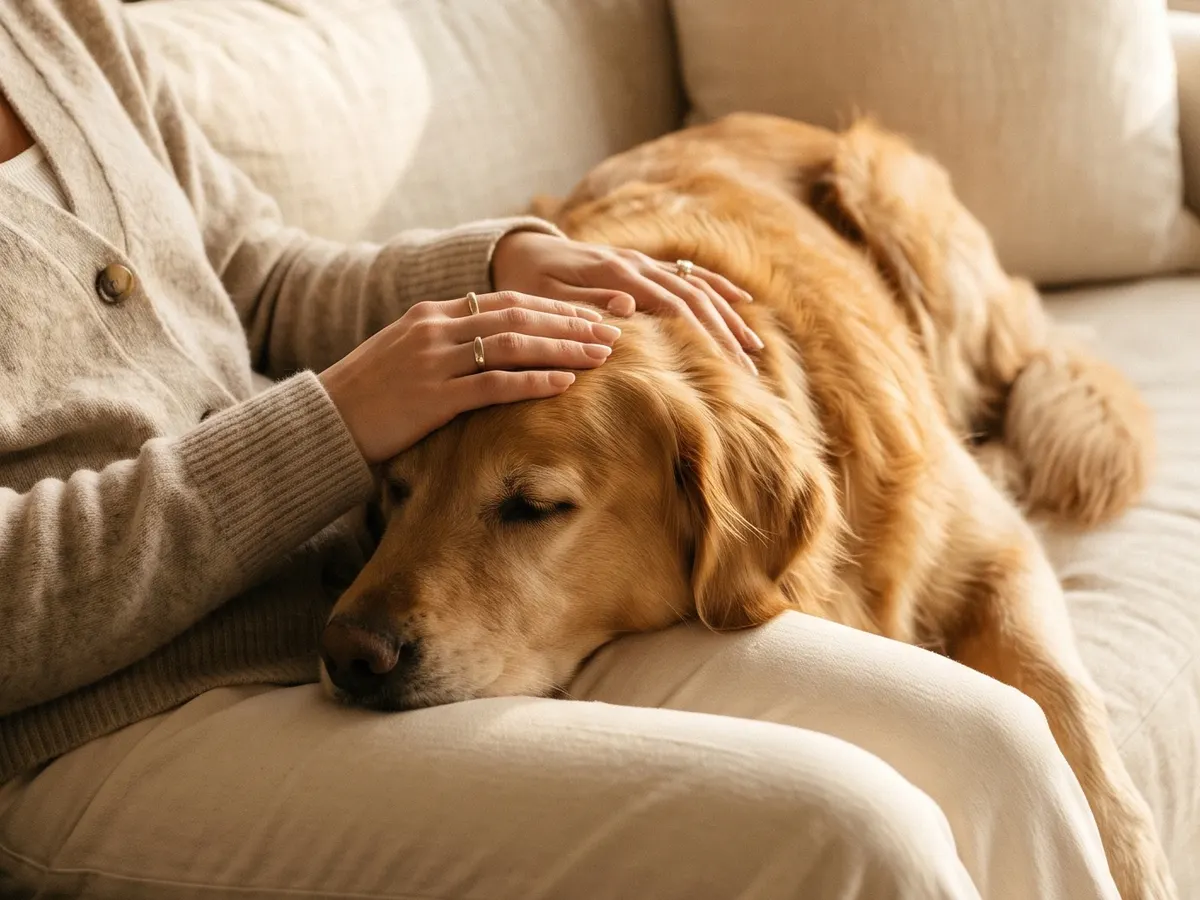Un golden retriever endormi contre sa maîtresse sur un canapé